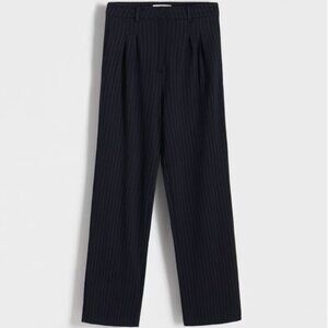 Reserved Navy + White Pinstripe Wide Leg Pleated Trousers - Size XS